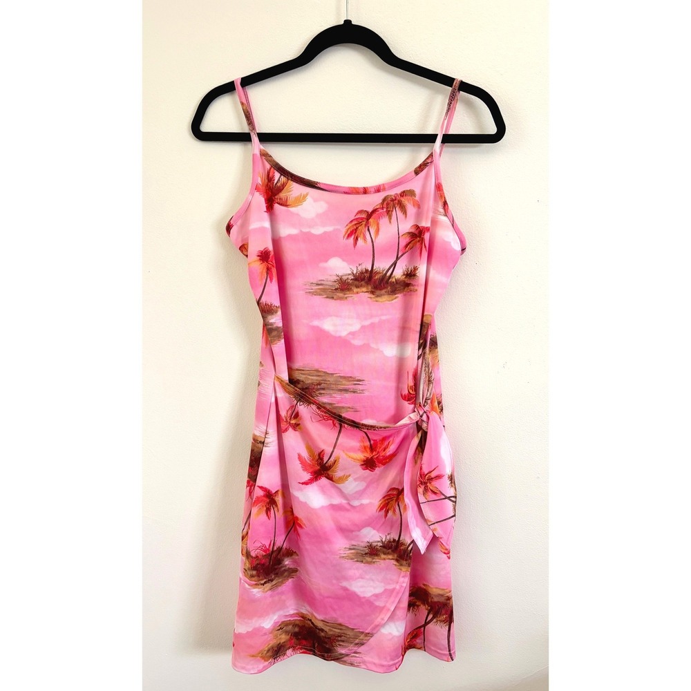 Vintage Y2K Tropical Palm Tree Pink Mini Dress Coconut Girl Size S/M